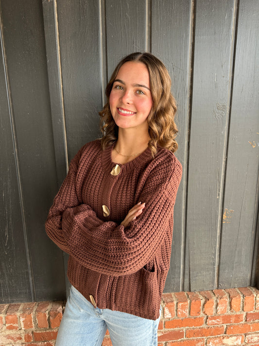 Brown Solid Sweater Cardigan With Front Pocket