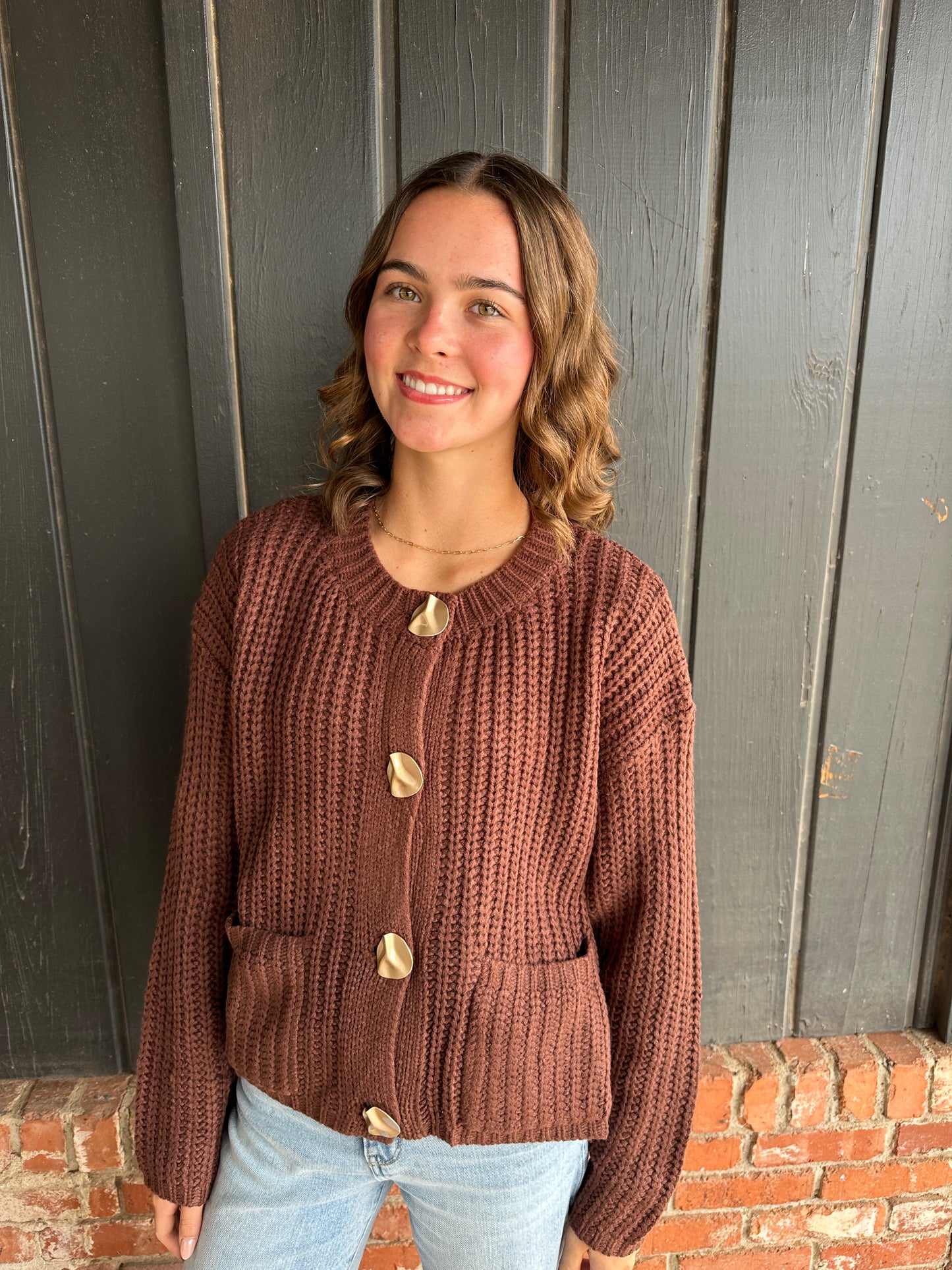 Brown Solid Sweater Cardigan With Front Pocket