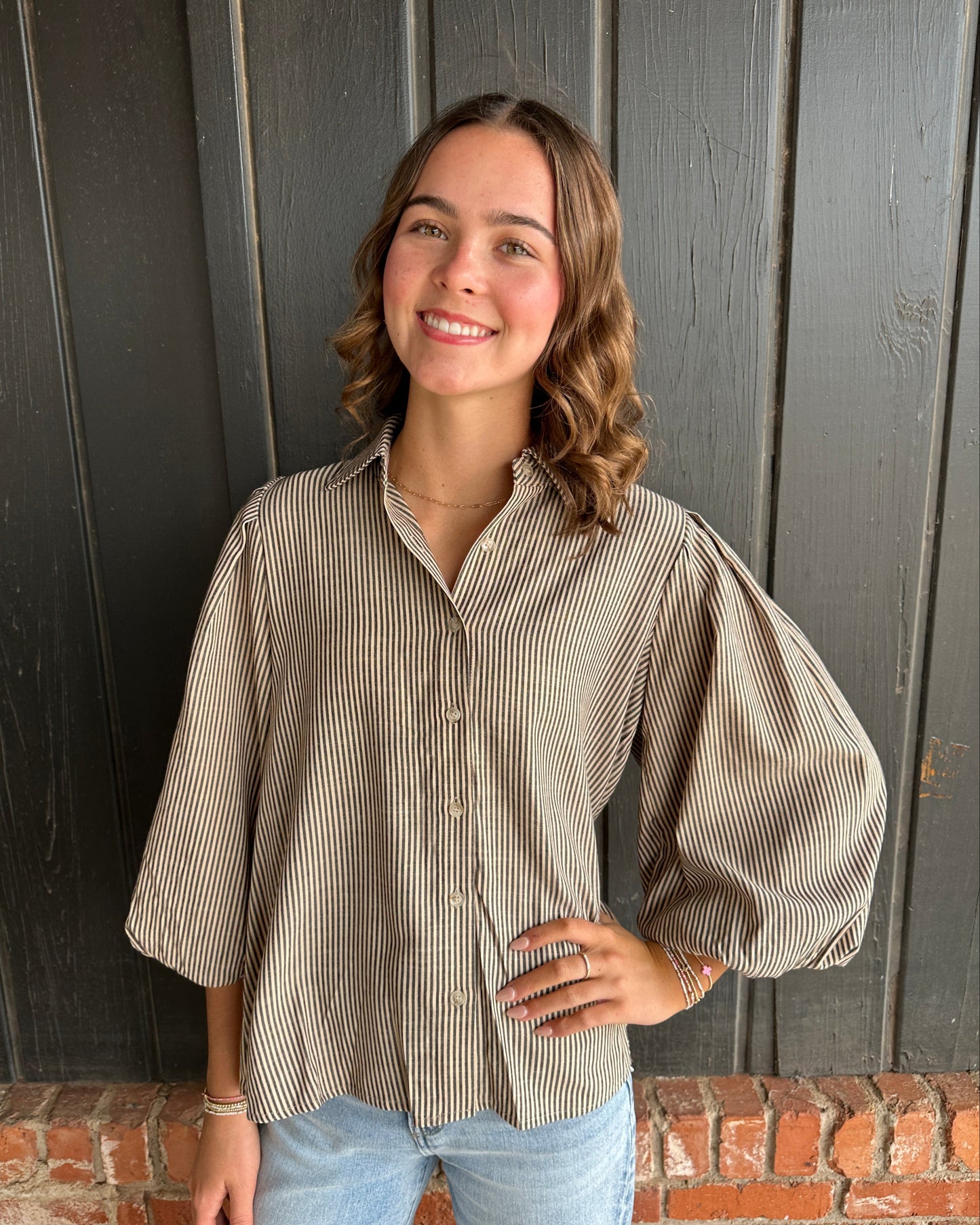 Light Taupe Striped Button Top