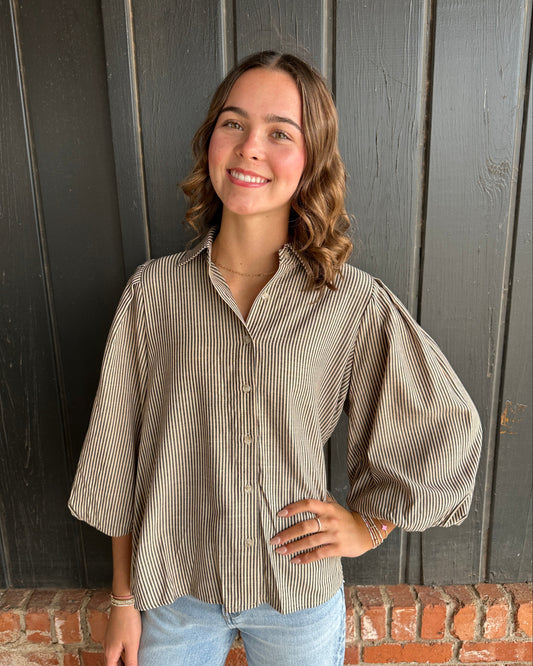 Light Taupe Striped Button Top