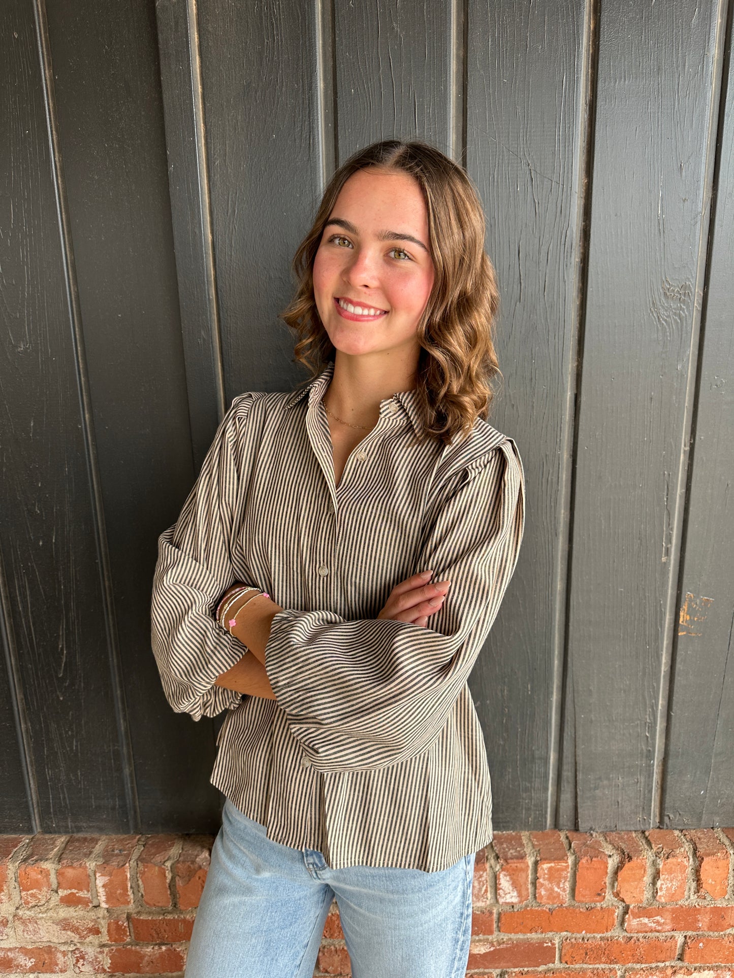 Light Taupe Striped Button Top
