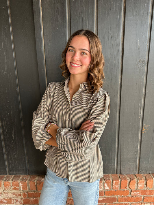 Light Taupe Striped Button Top