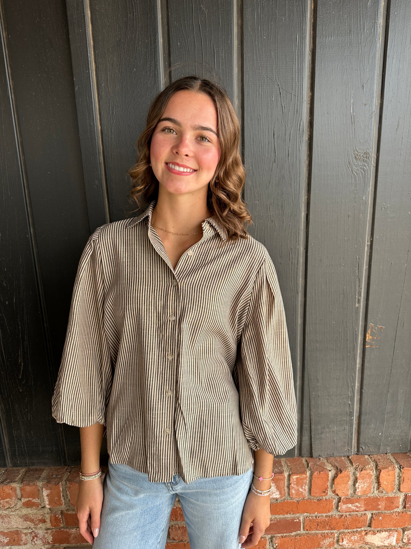 Light Taupe Striped Button Top