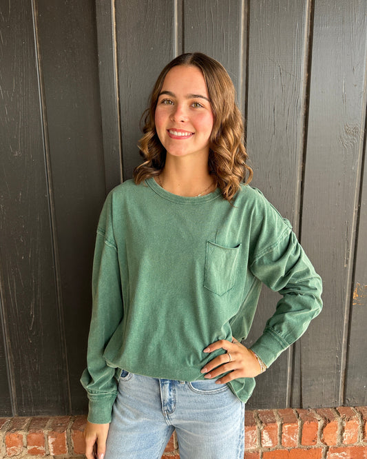 Green Oversized Washed Long Sleeve Pocket Tee