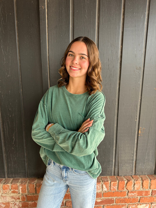 Green Oversized Washed Long Sleeve Pocket Tee