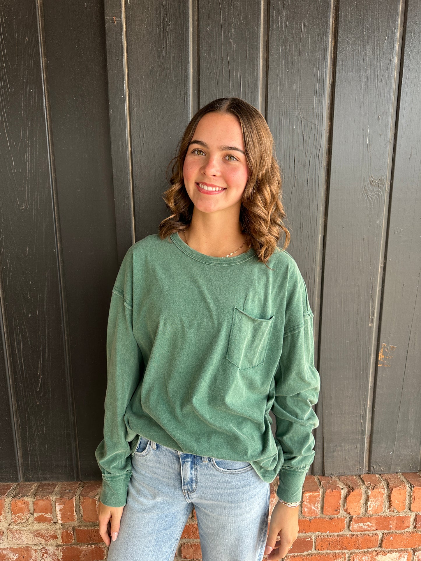 Green Oversized Washed Long Sleeve Pocket Tee