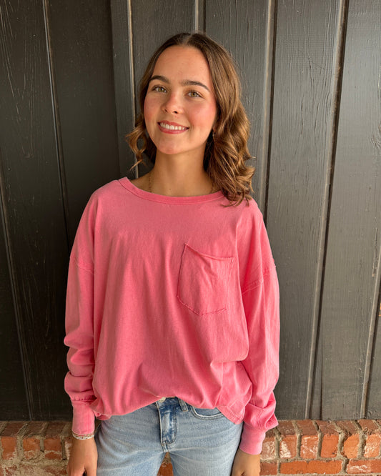 Pink Oversized Washed Long Sleeve Pocket Tee