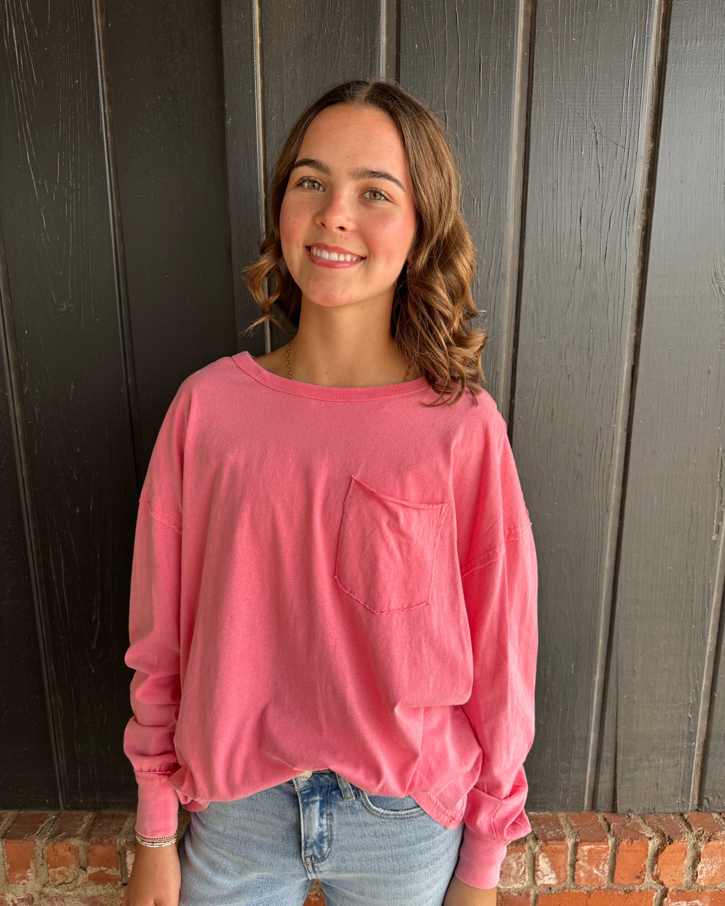 Pink Oversized Washed Long Sleeve Pocket Tee