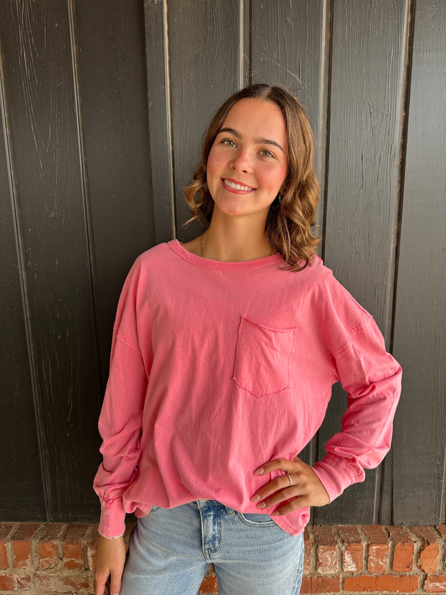 Pink Oversized Washed Long Sleeve Pocket Tee