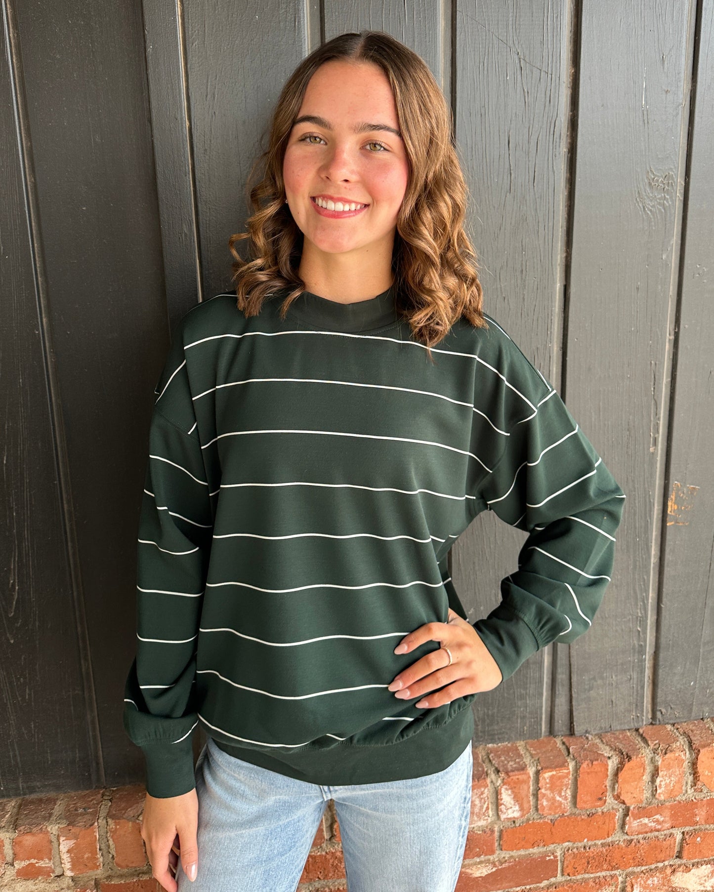 Deep Green Modal Scuba Stripe Crew Neck Top