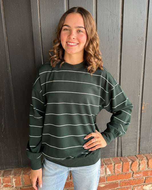 Deep Green Modal Scuba Stripe Crew Neck Top