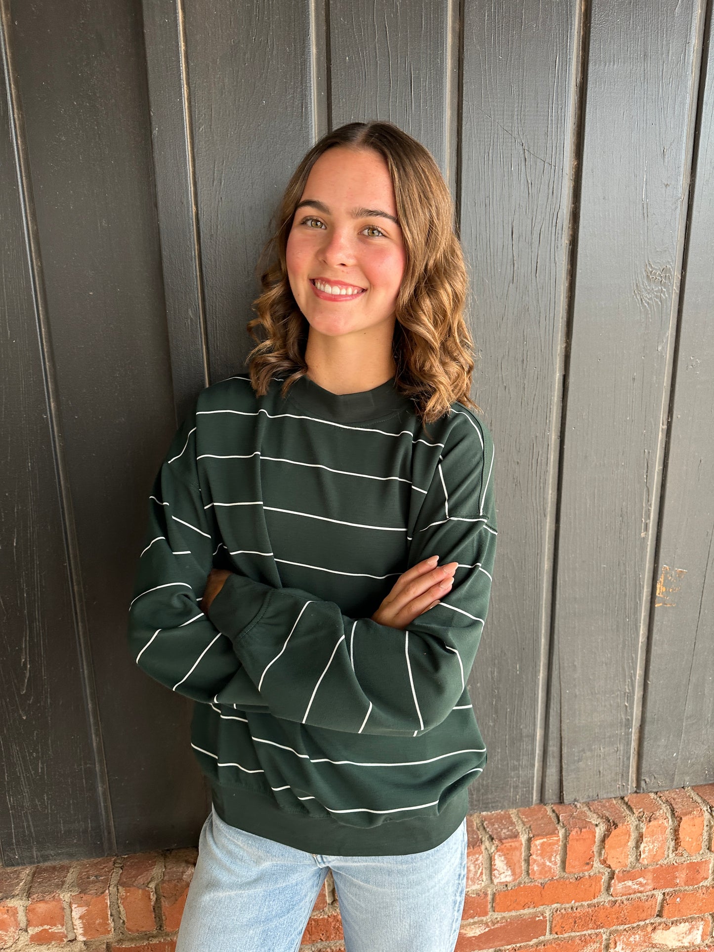 Deep Green Modal Scuba Stripe Crew Neck Top