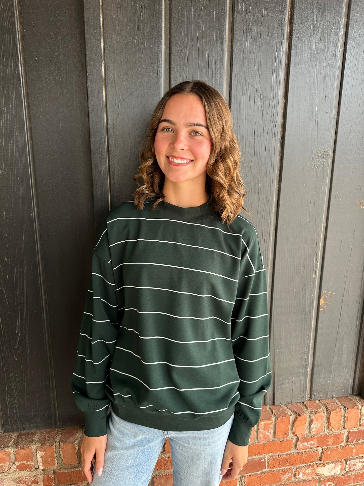 Deep Green Modal Scuba Stripe Crew Neck Top