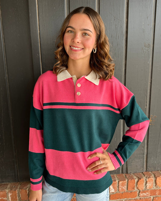 Green and Pink Contrasting Striped Sweater With Polo Collar