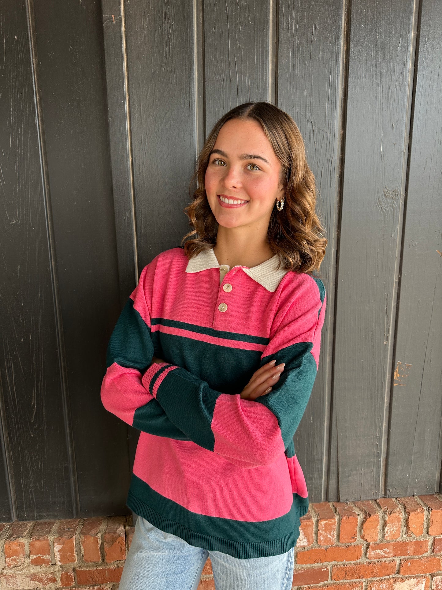 Green and Pink Contrasting Striped Sweater With Polo Collar