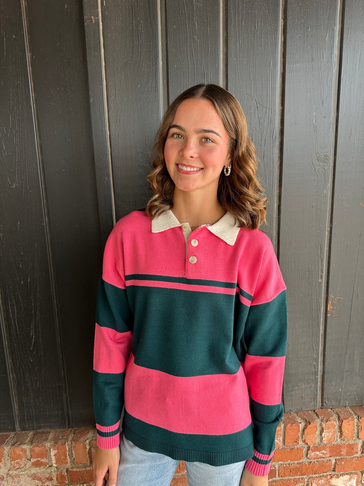 Green and Pink Contrasting Striped Sweater With Polo Collar
