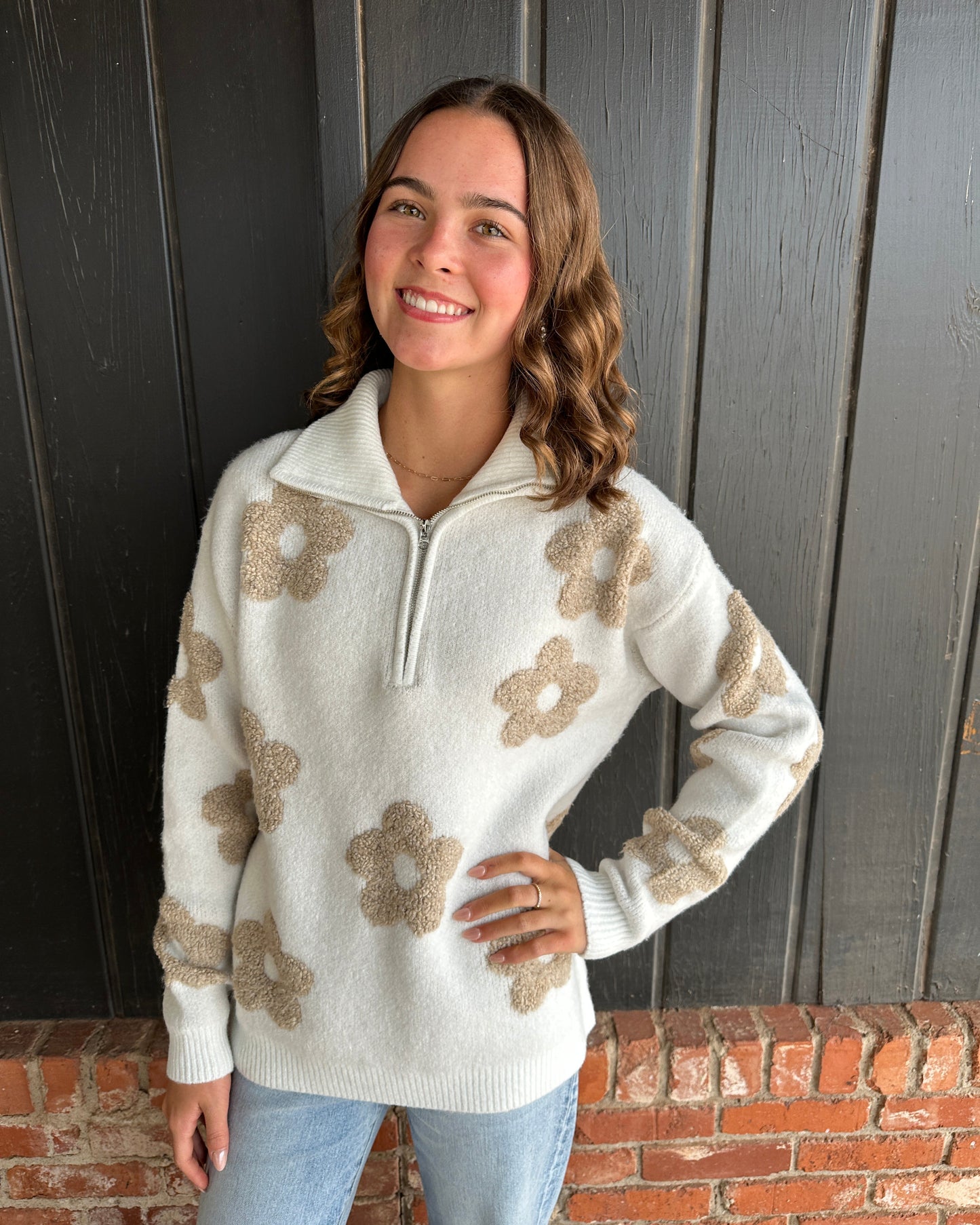 Floral Jacquard Half Zip Sweater