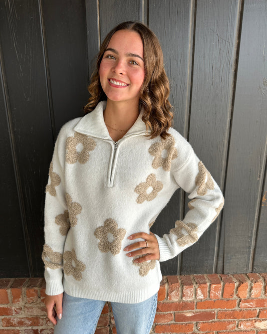 Floral Jacquard Half Zip Sweater