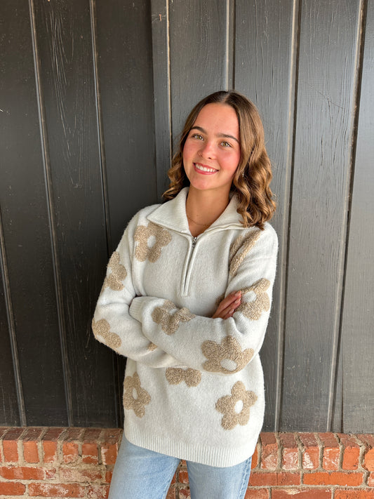 Floral Jacquard Half Zip Sweater