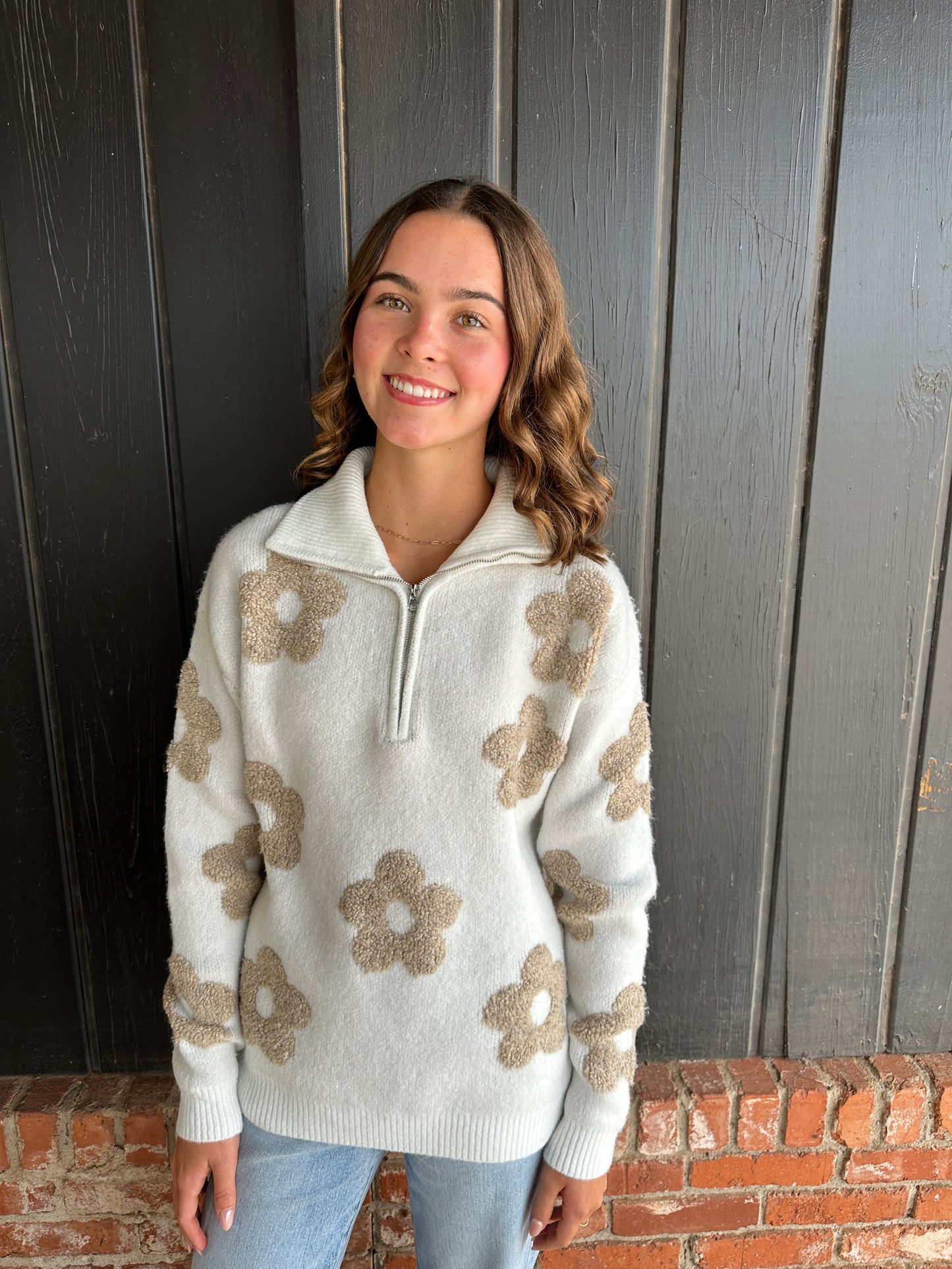 Floral Jacquard Half Zip Sweater