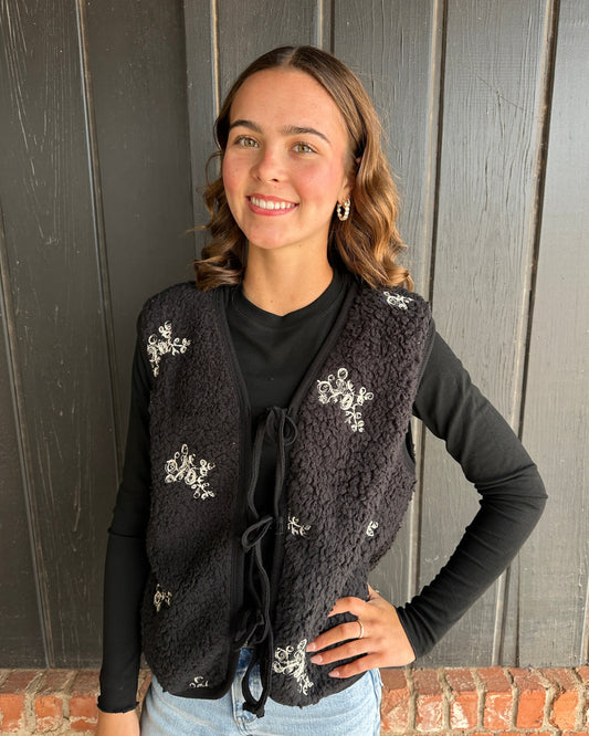 Black embroidered teddy fur vest