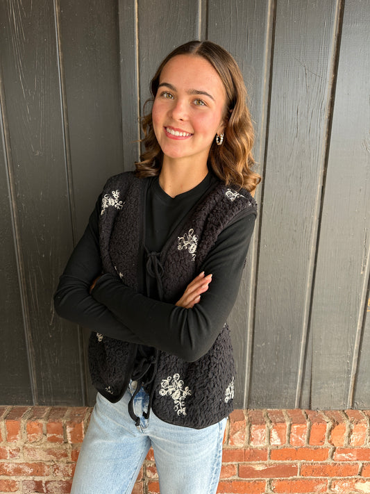 Black embroidered teddy fur vest