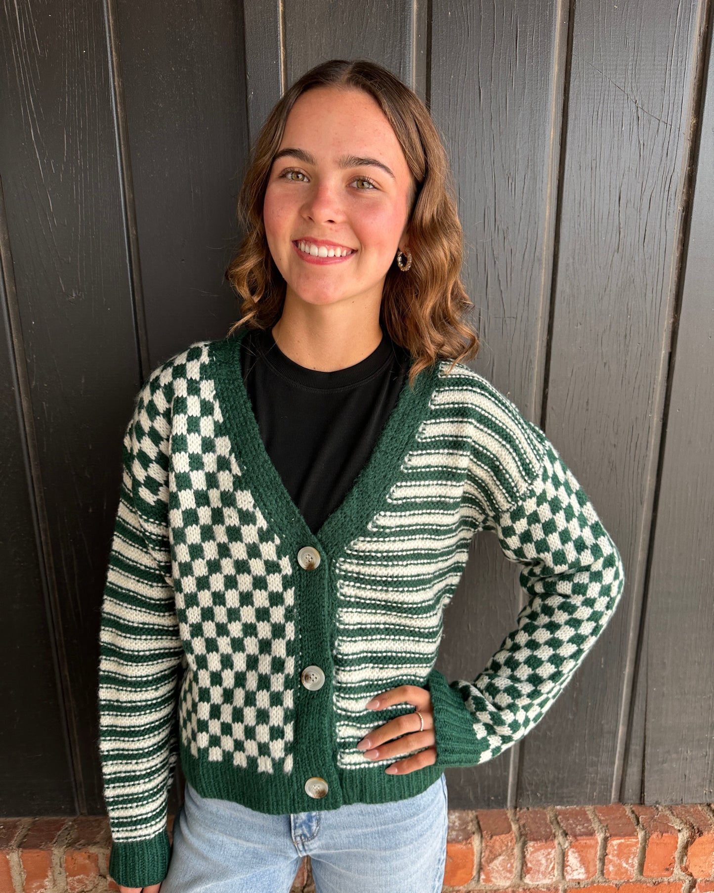 Green Checker And Stripe Contrast Knit Cardigan Sweater