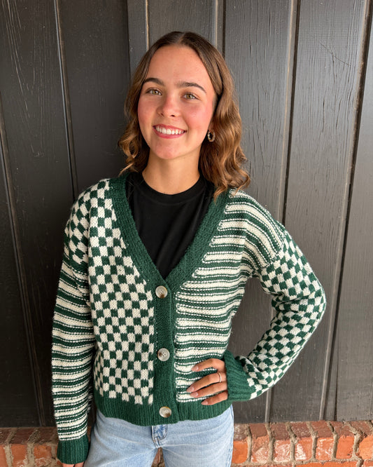 Green Checker And Stripe Contrast Knit Cardigan Sweater