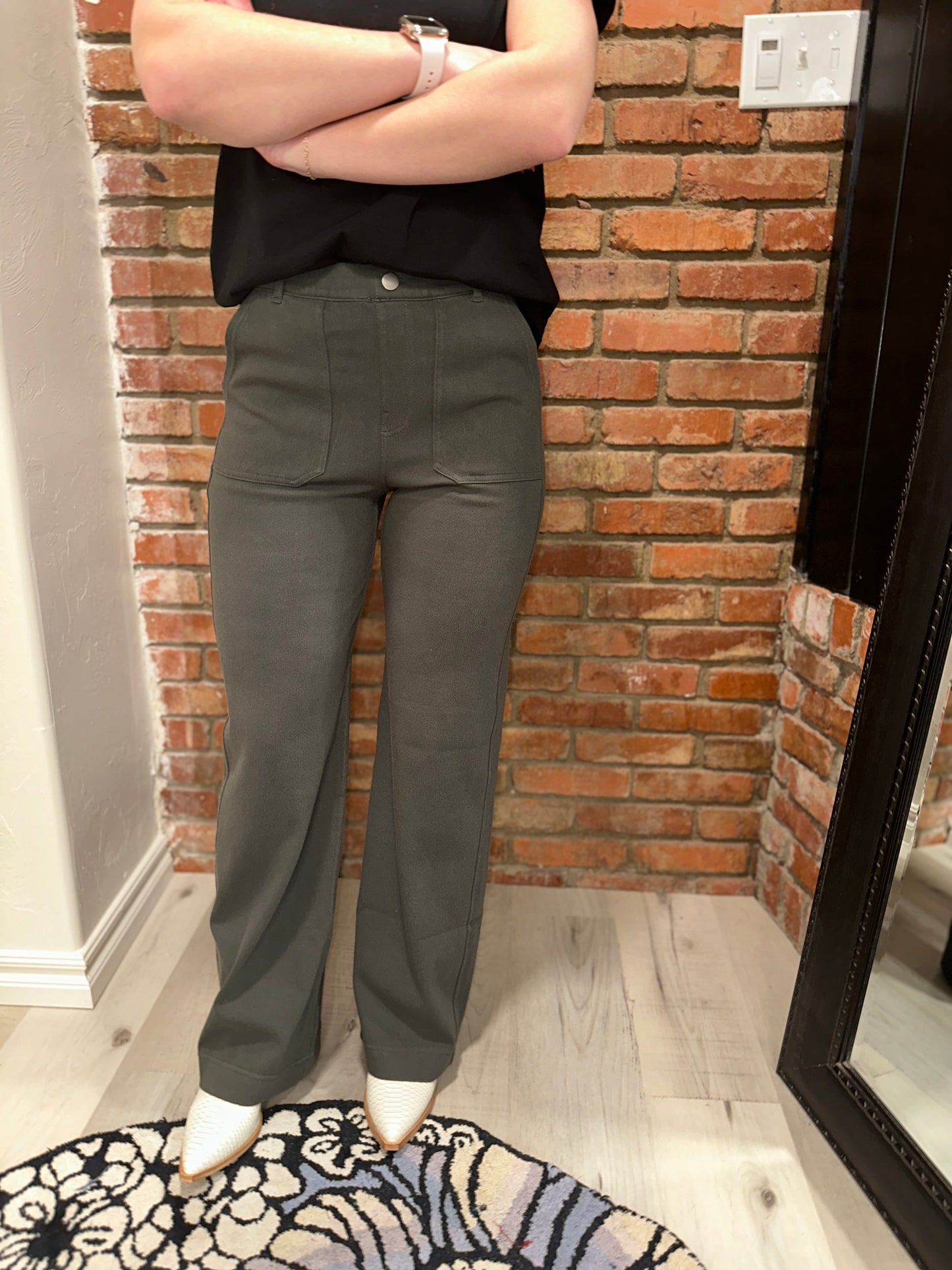 Olive Cotton Stretch Twill wide leg pants