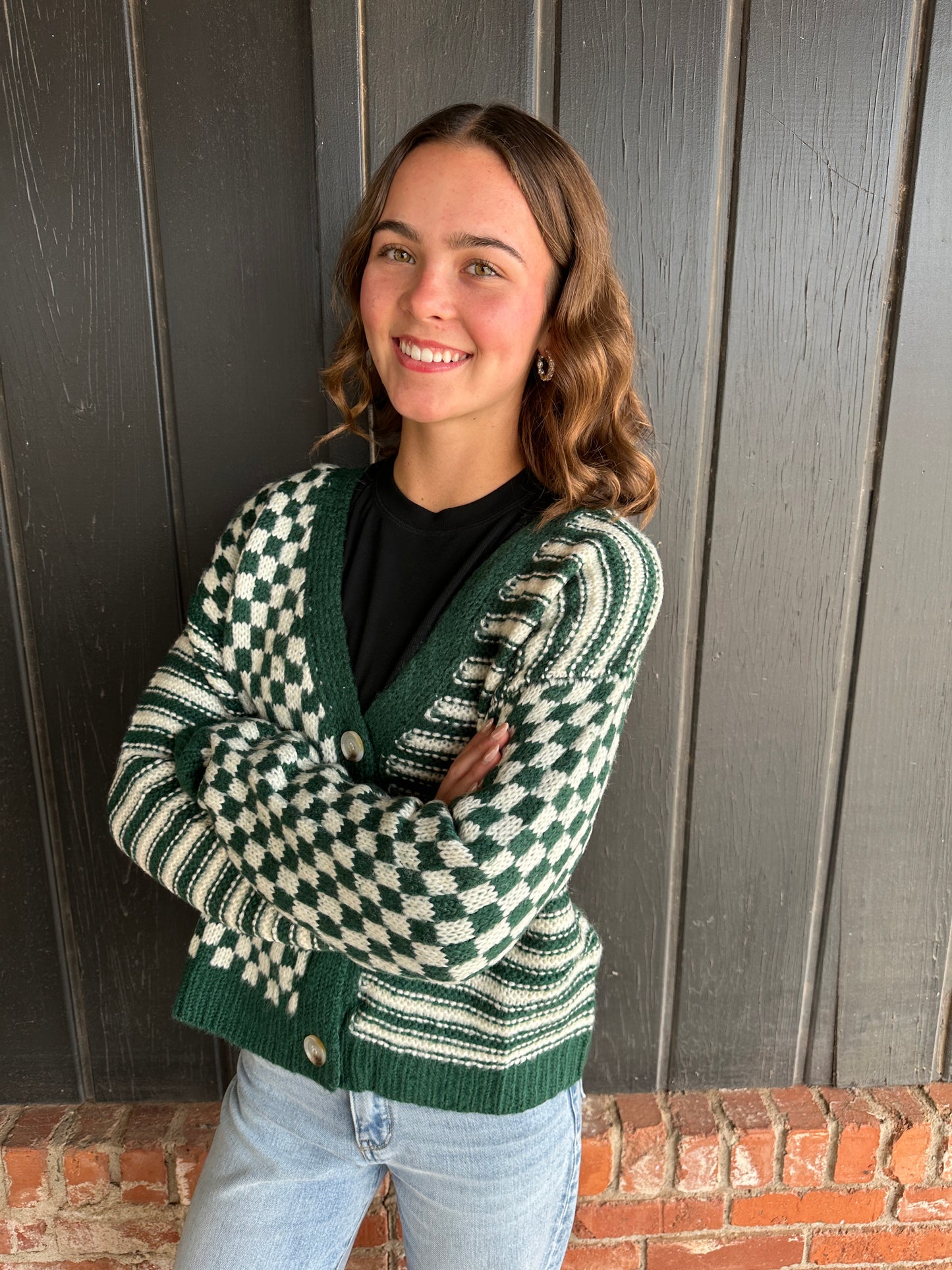 Green Checker And Stripe Contrast Knit Cardigan Sweater