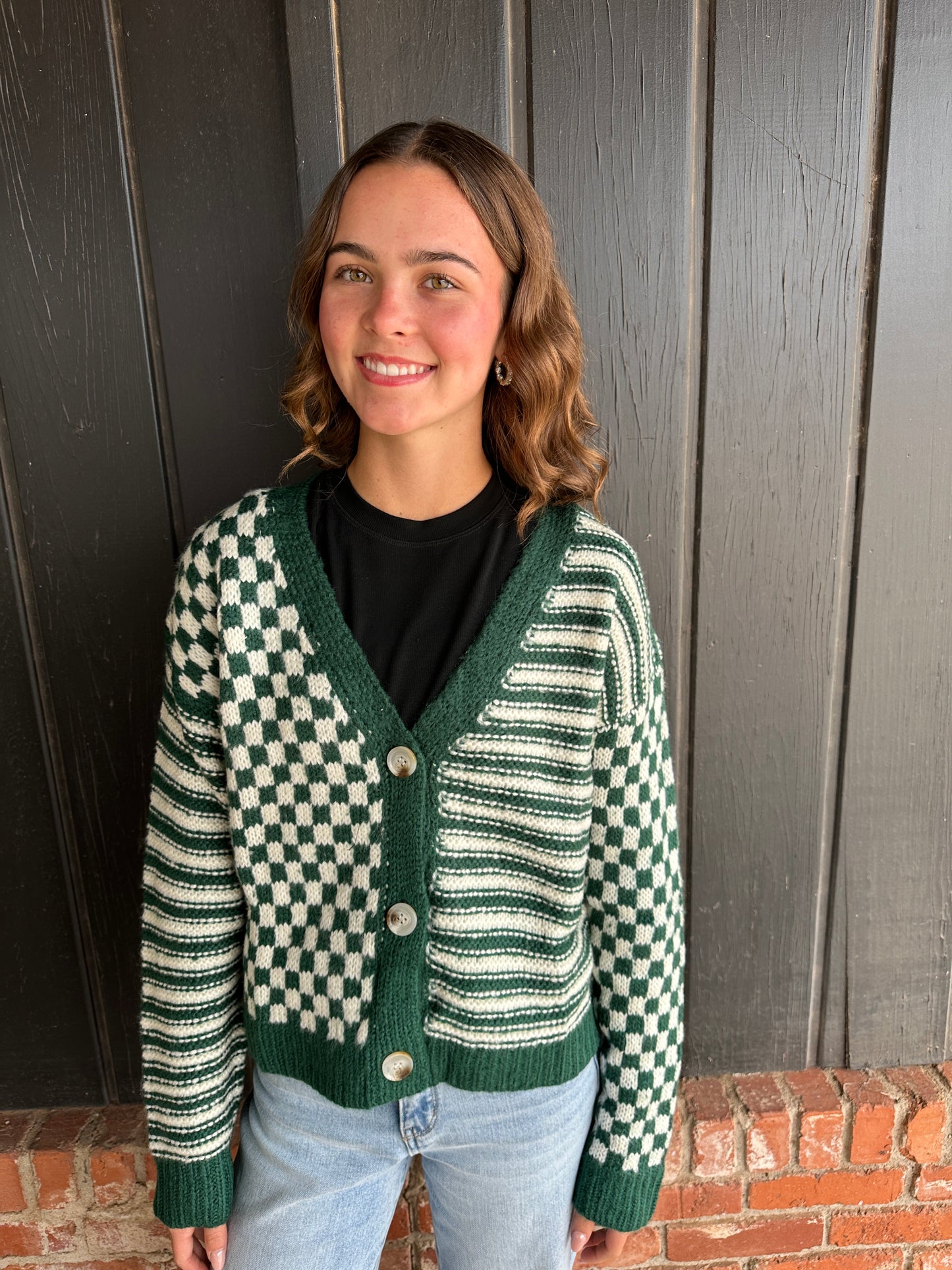 Green Checker And Stripe Contrast Knit Cardigan Sweater