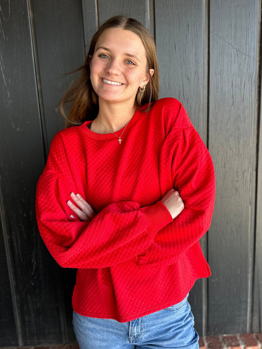 Red embossed print crew neck top