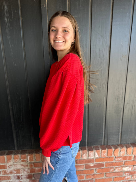 Red embossed print crew neck top