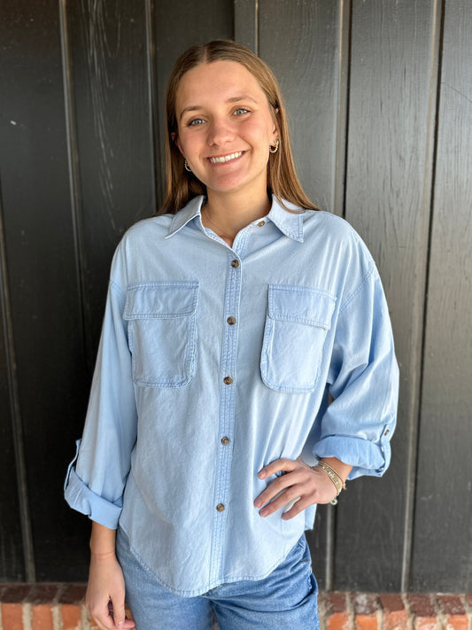 Denim linen blended double pocket top