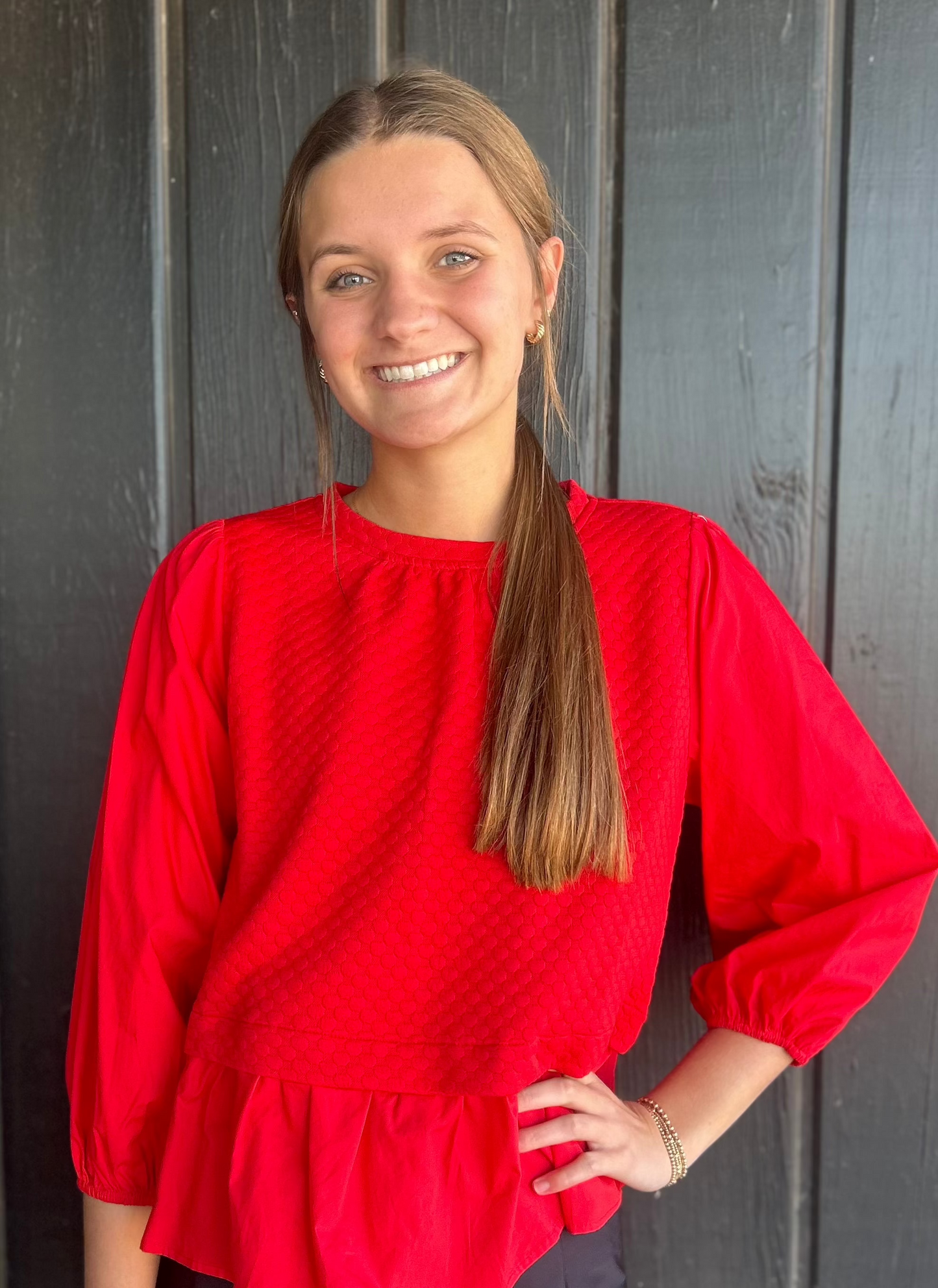 Red tiered top with peasant sleeves