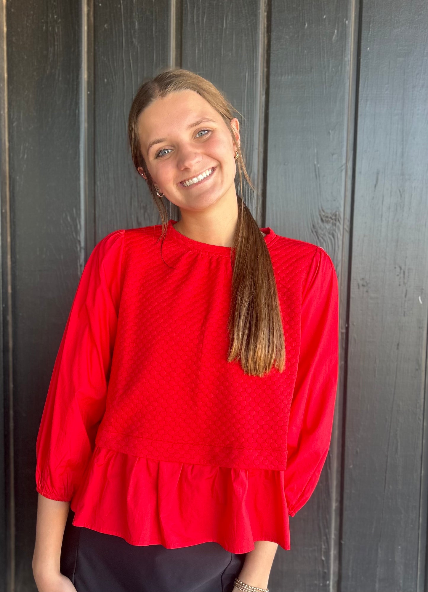 Red tiered top with peasant sleeves