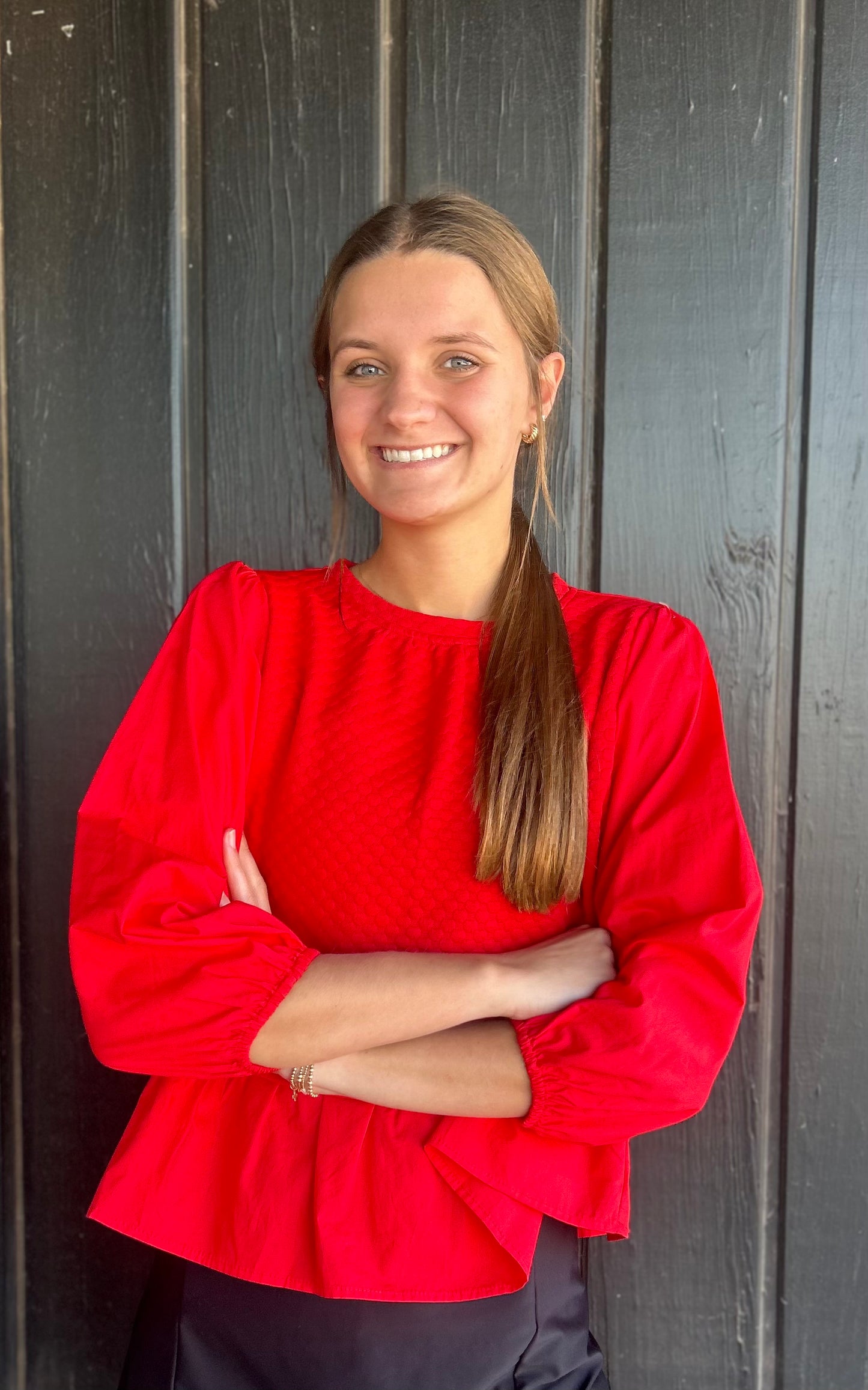 Red tiered top with peasant sleeves