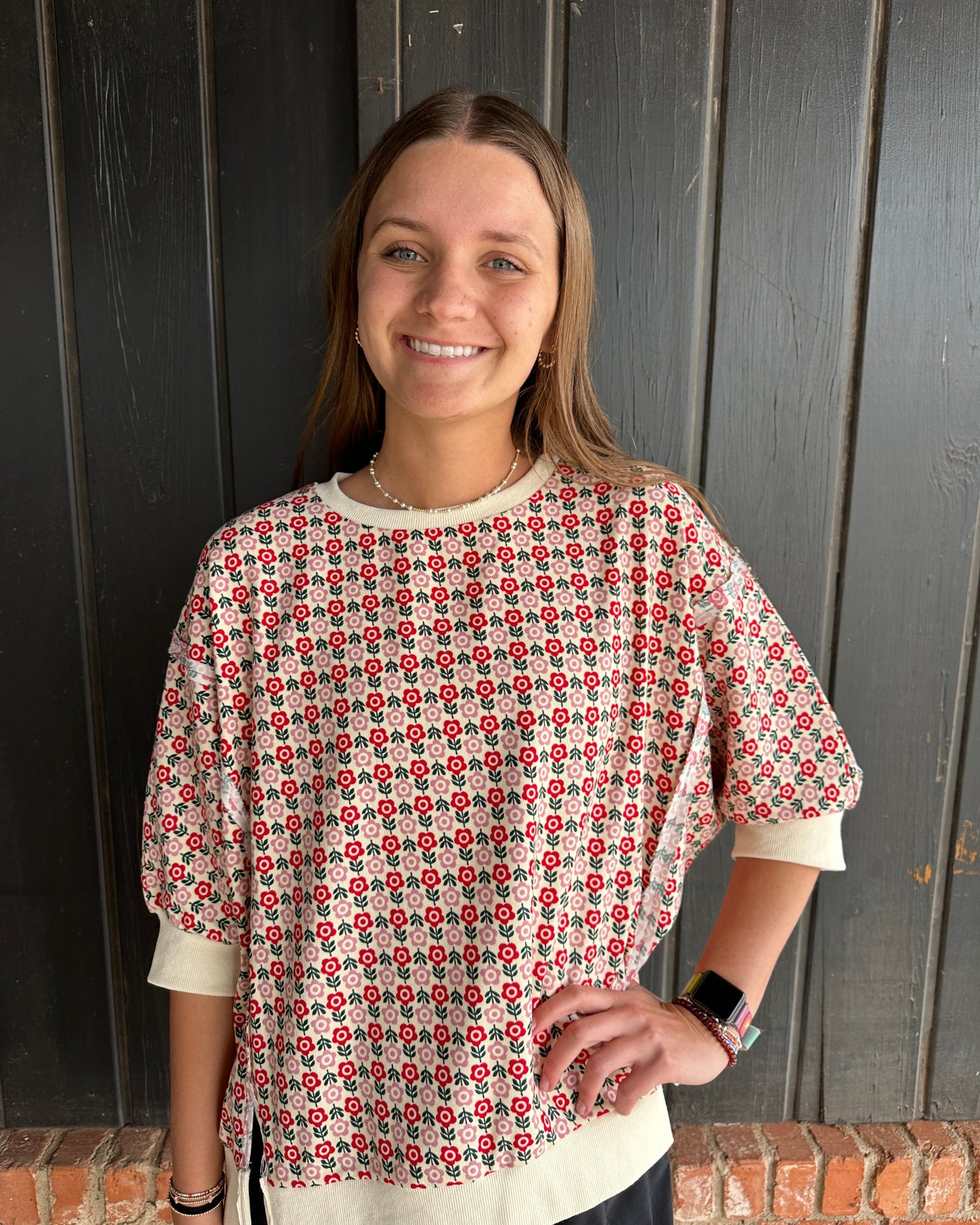Flower Printed Openseam Detail Quarter Sleeve Top