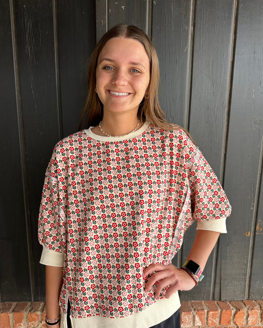 Flower Printed Openseam Detail Quarter Sleeve Top