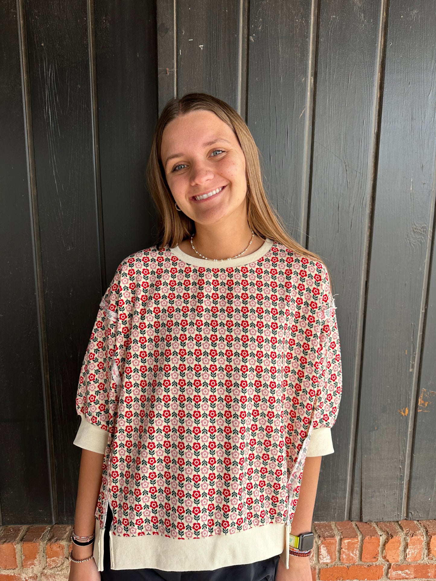 Flower Printed Openseam Detail Quarter Sleeve Top