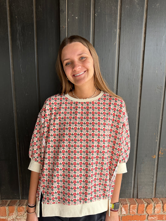 Flower Printed Openseam Detail Quarter Sleeve Top