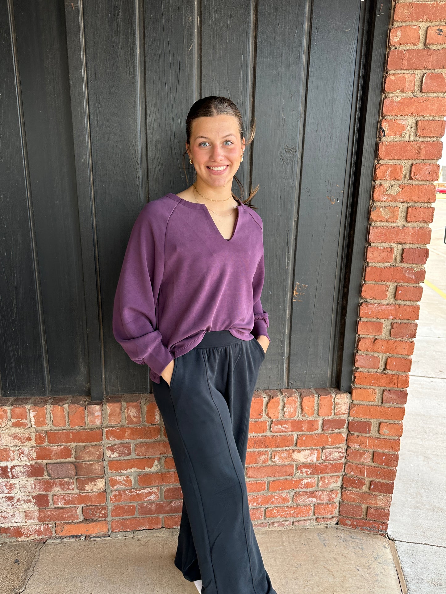 Plum Sofie Soft Split Neck Raglan Long Sleeve Loose Fit Top