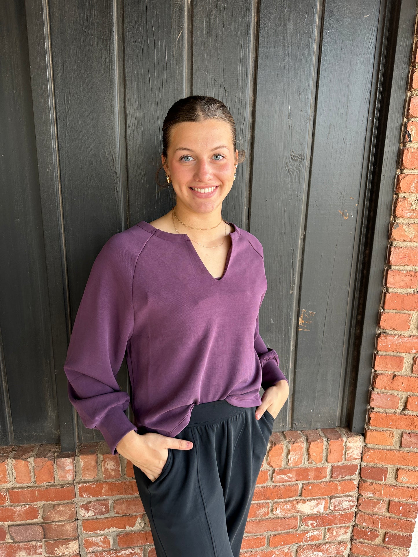 Plum Sofie Soft Split Neck Raglan Long Sleeve Loose Fit Top