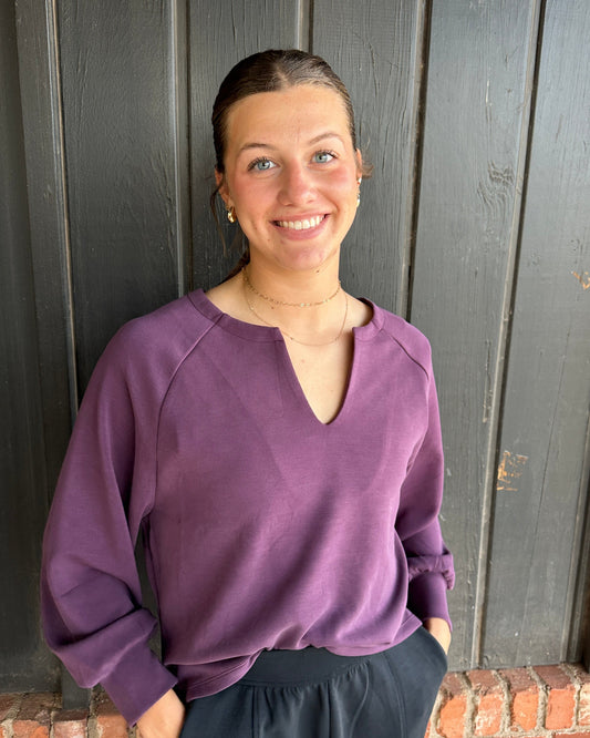 Plum Sofie Soft Split Neck Raglan Long Sleeve Loose Fit Top