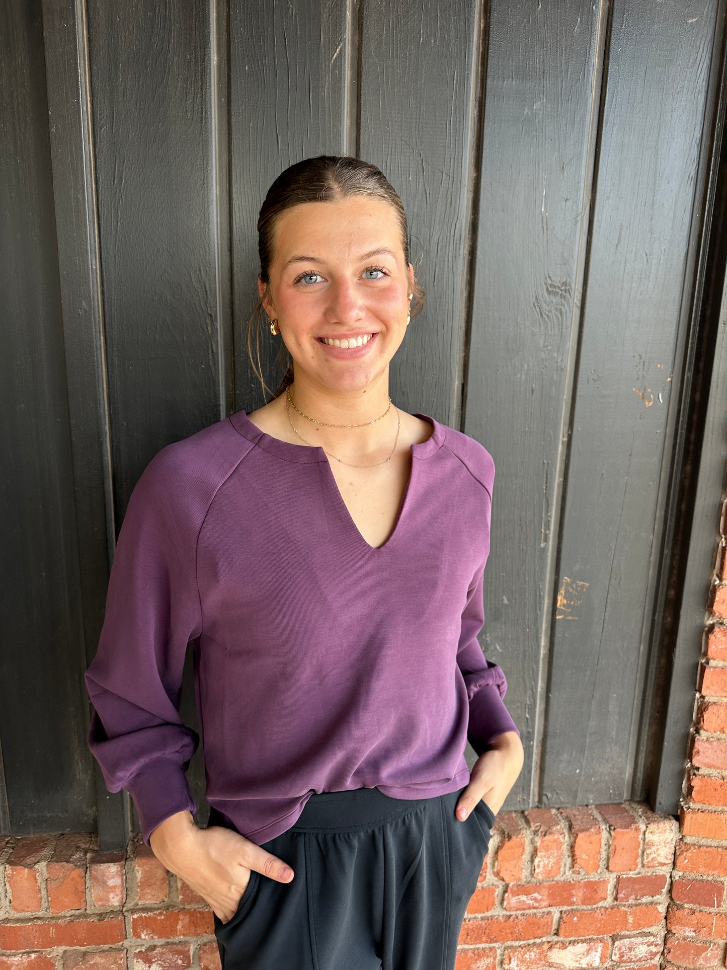 Plum Sofie Soft Split Neck Raglan Long Sleeve Loose Fit Top