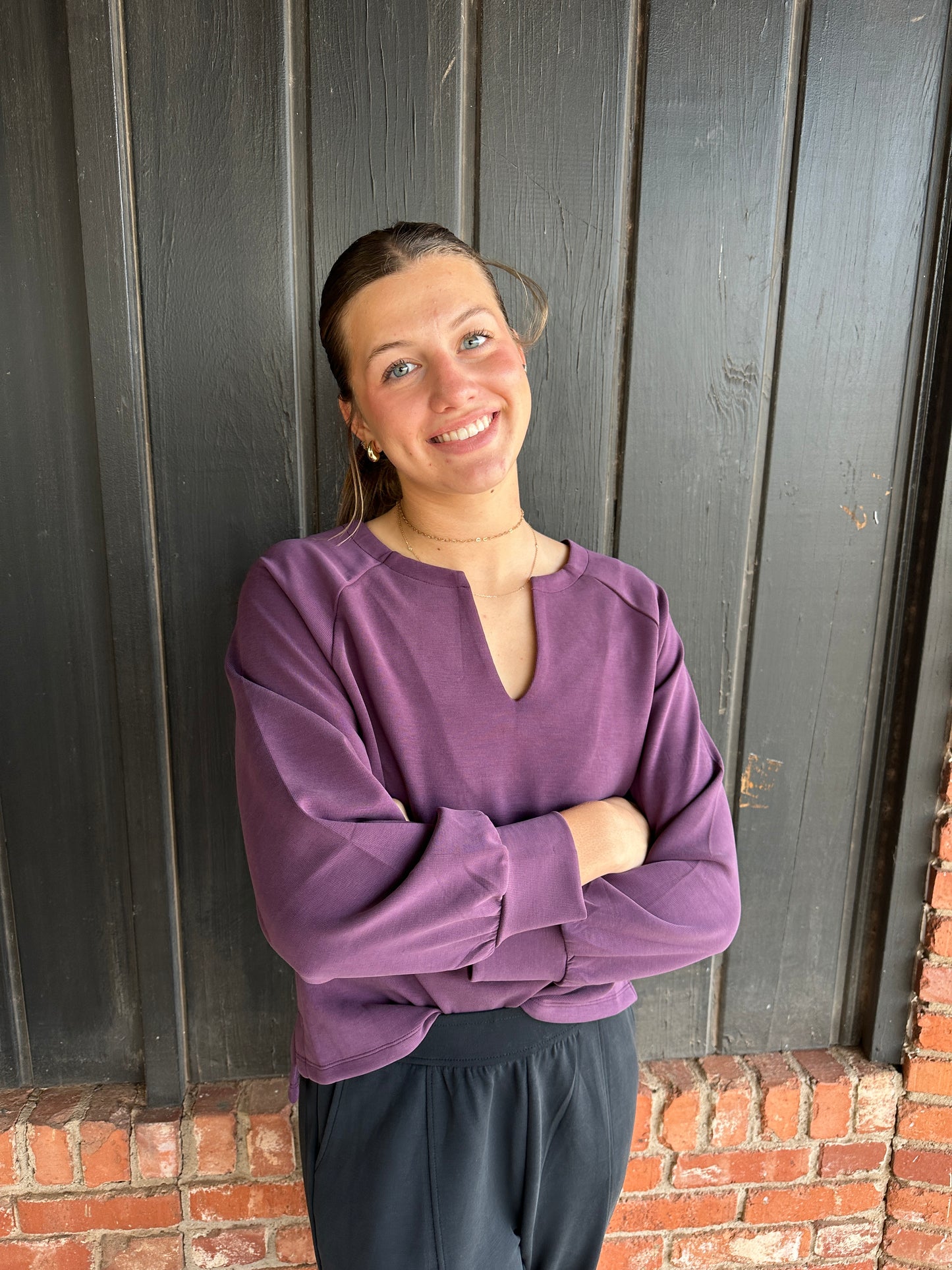 Plum Sofie Soft Split Neck Raglan Long Sleeve Loose Fit Top