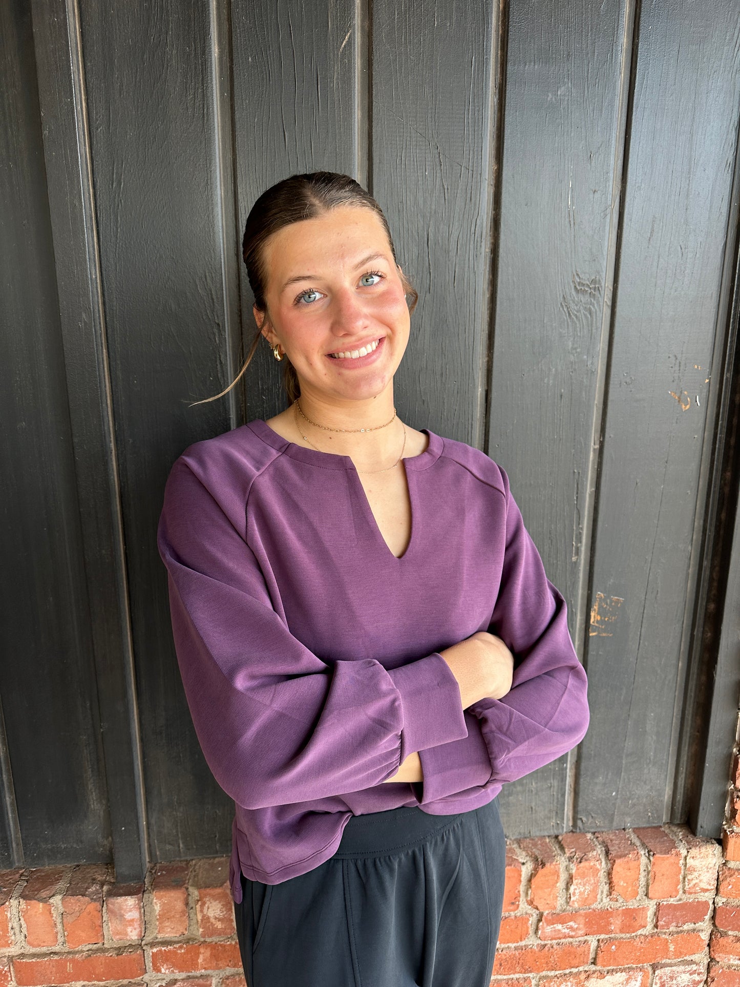 Plum Sofie Soft Split Neck Raglan Long Sleeve Loose Fit Top