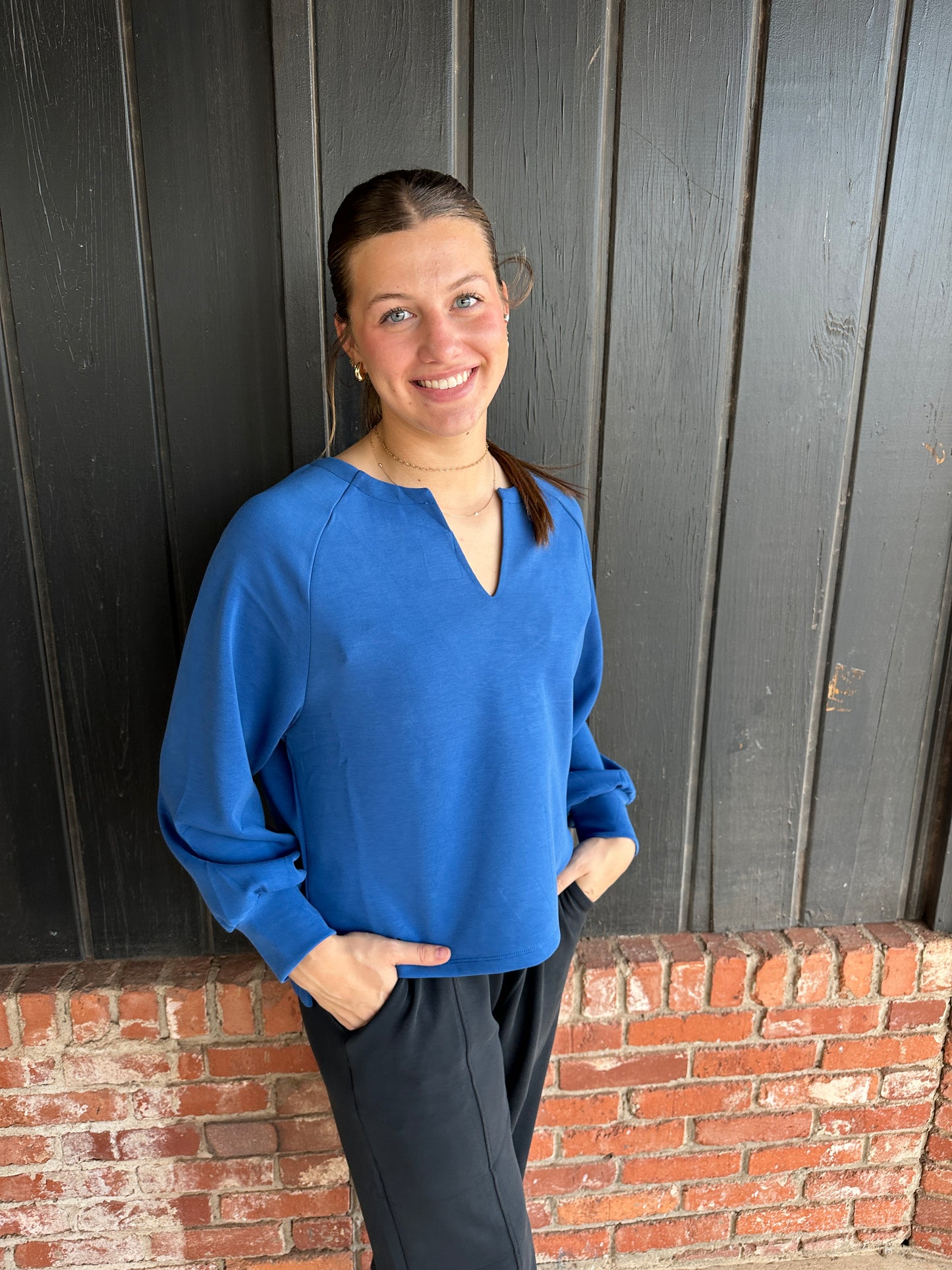 Blue Soft Split Neck Raglan Long Sleeve