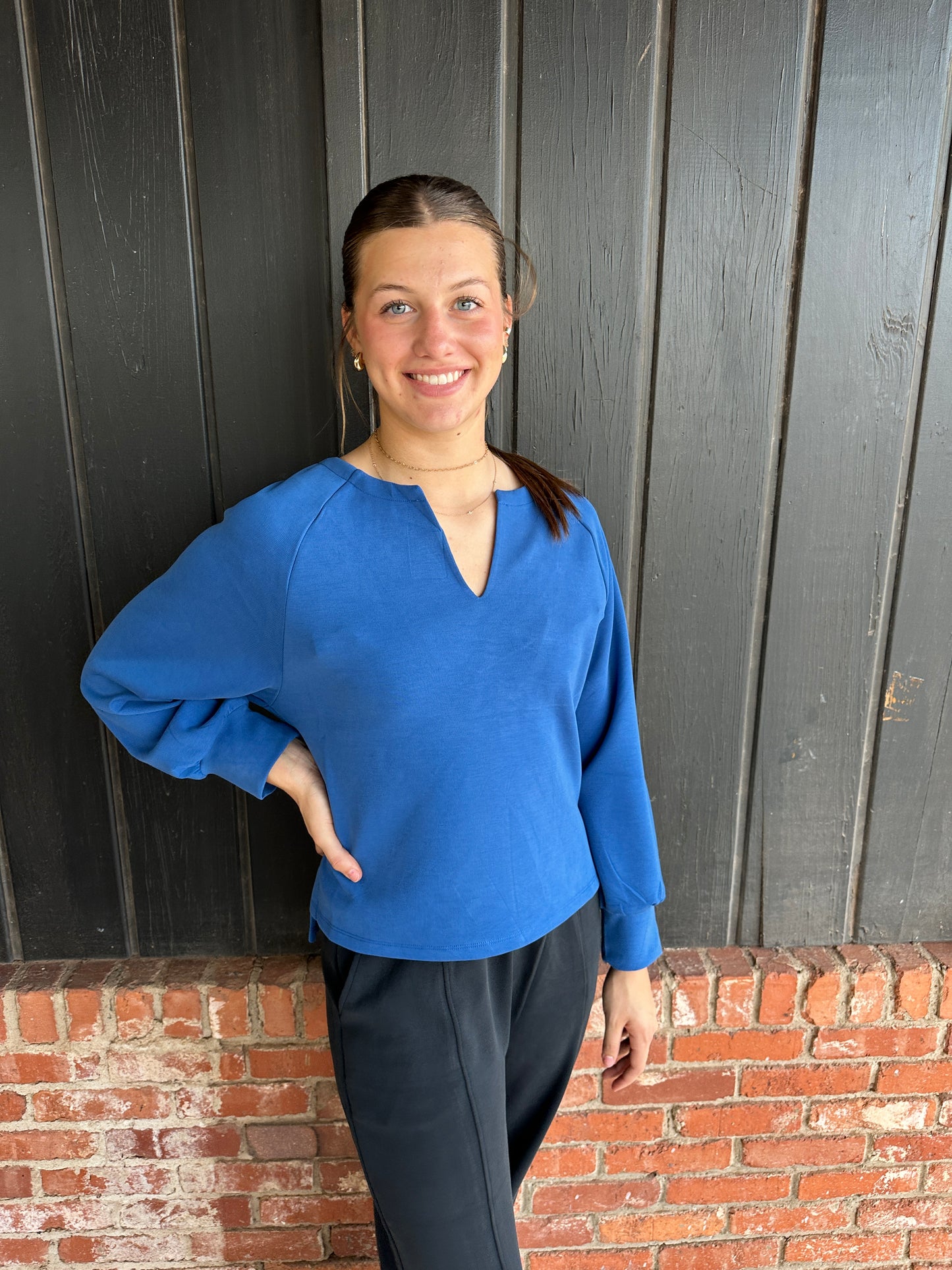 Blue Soft Split Neck Raglan Long Sleeve