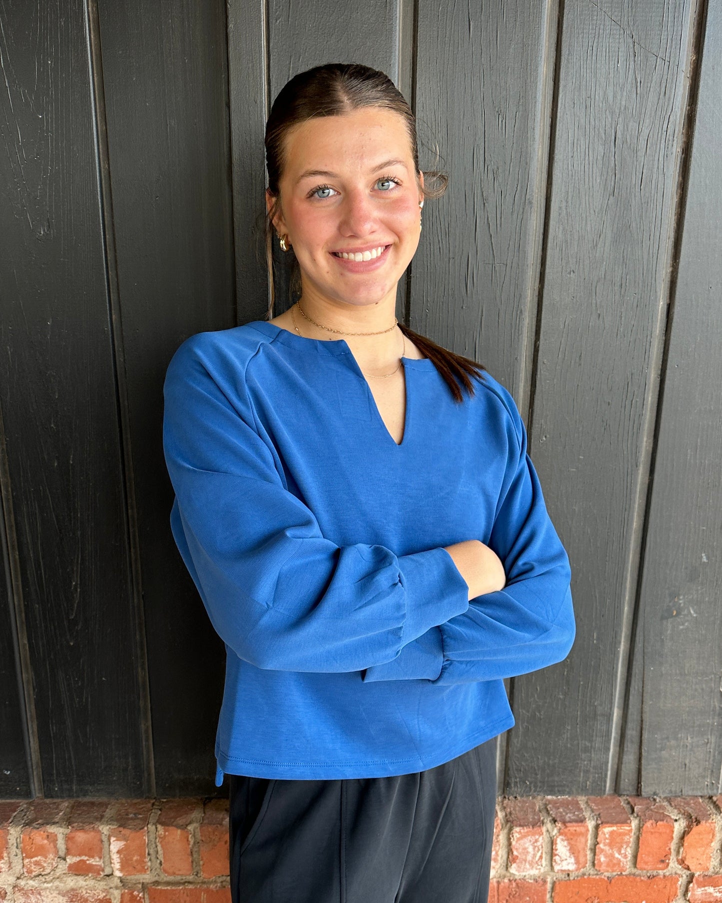 Blue Soft Split Neck Raglan Long Sleeve